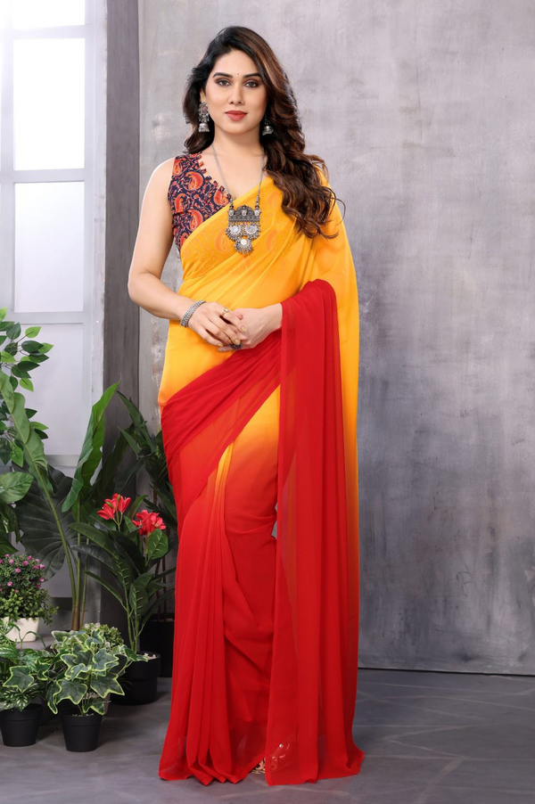 Premium Georgette silk, known for its lightweight texture and graceful drape