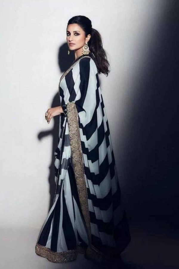 Faux Georgette Black & White Bollywood-Inspired Print Saree with Embroidery