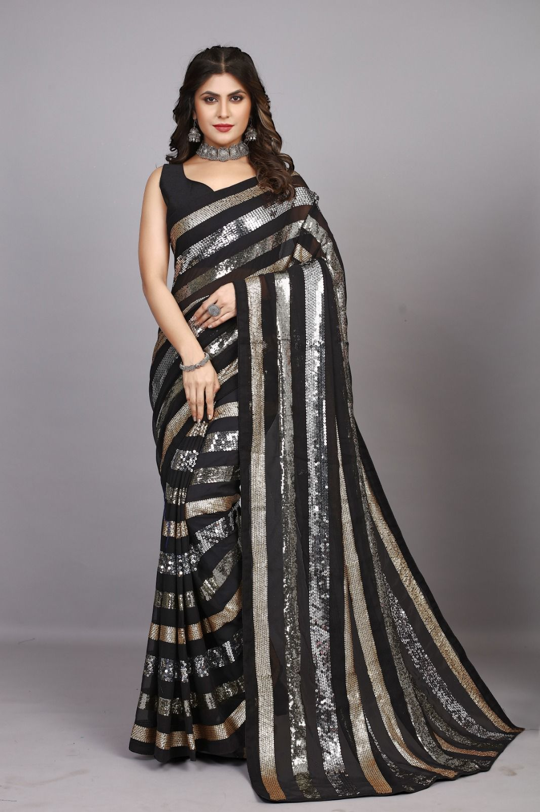 Heavy Georgette Saree with Sequence Embroidery Work and Piping Lace Border