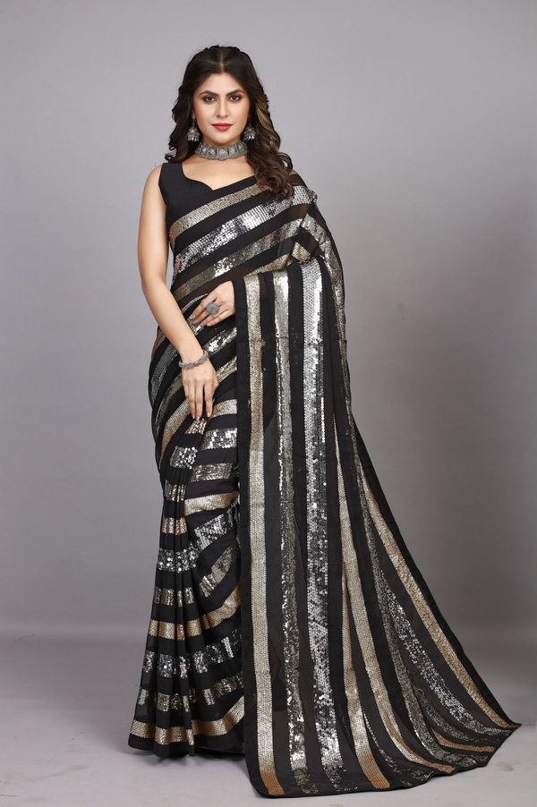 Heavy Georgette Saree with Sequence Embroidery Work and Piping Lace Border