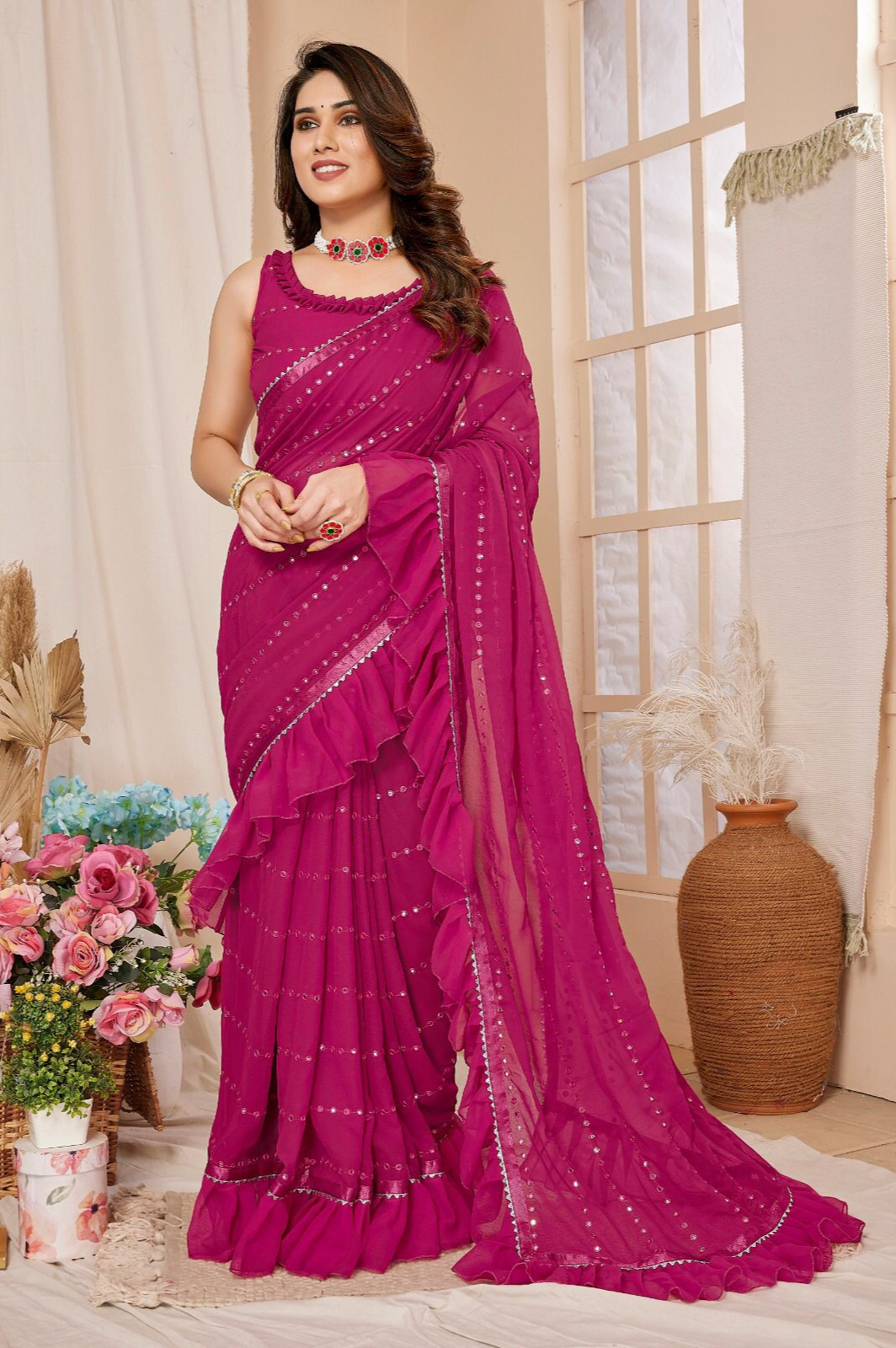 Georgette Silk Ruffal Saree with Mirror Work